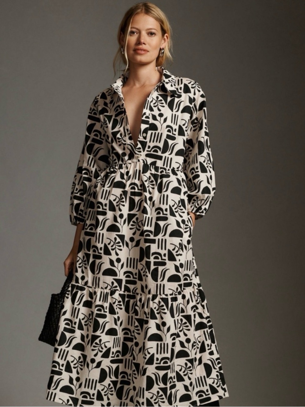 Maeve Bettina Geometric Pattern Black and Cream Maxi Dress Medium Petite